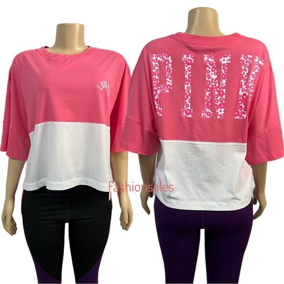 Victorias Secret Pink Varsity Short Sleeve Cropped Crew neck Oversized Tee XL - Picture 1 of 4